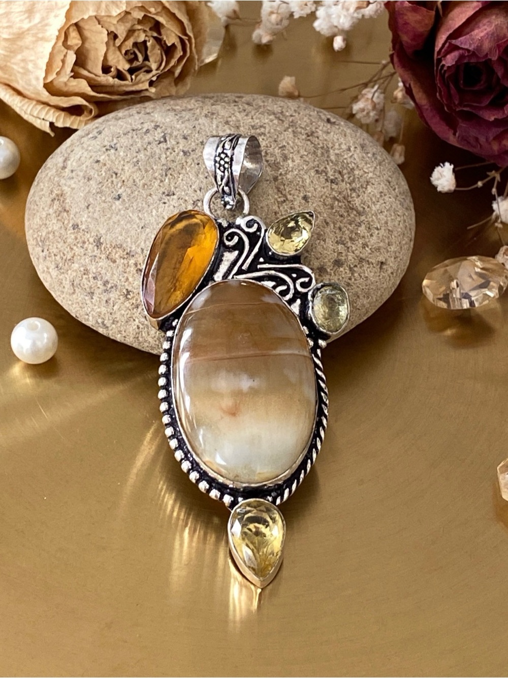 Botswana Agate And Citrine Hand Crafted Pendant